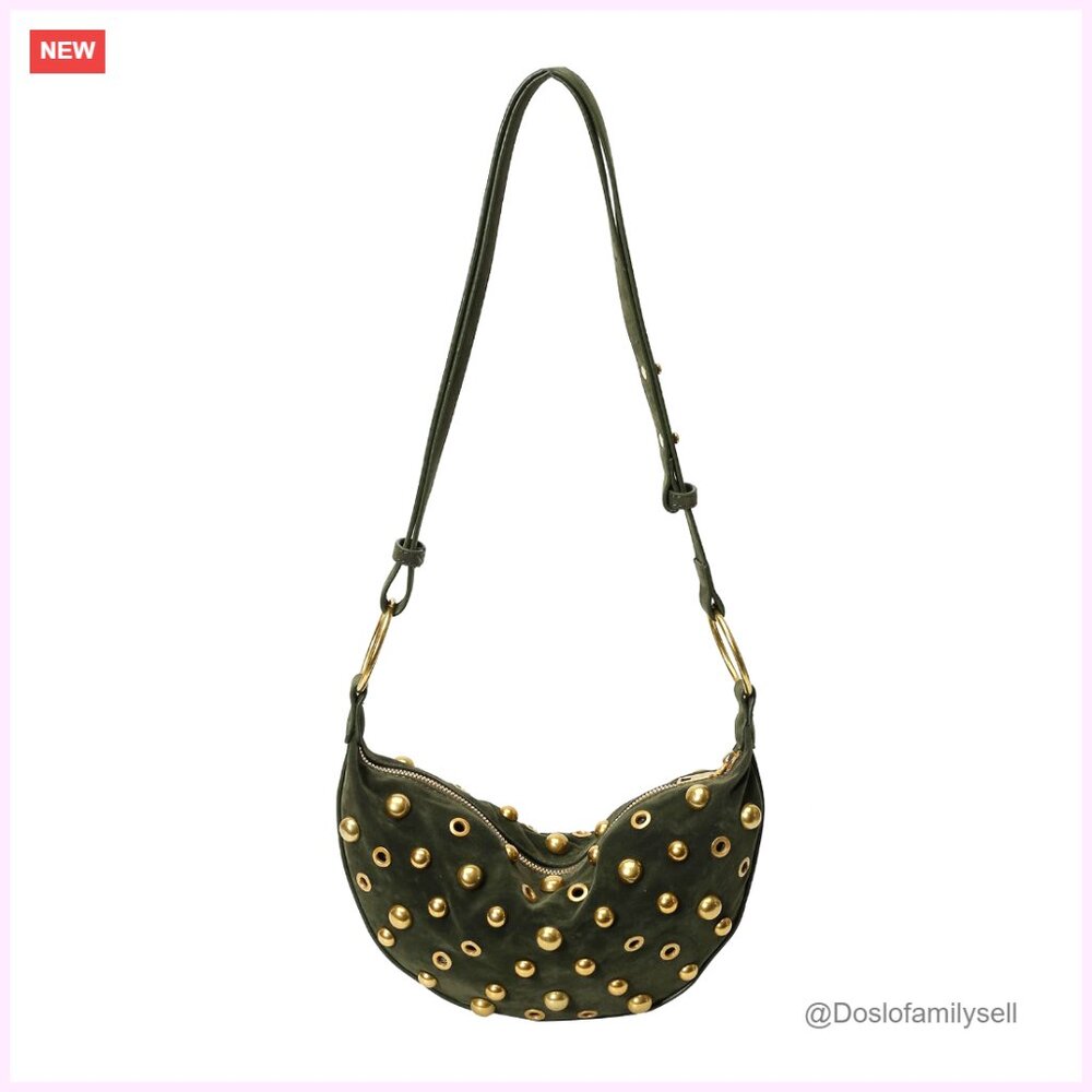 Faux Suede Studded Hobo Bag Adjustable Shoulder Strap